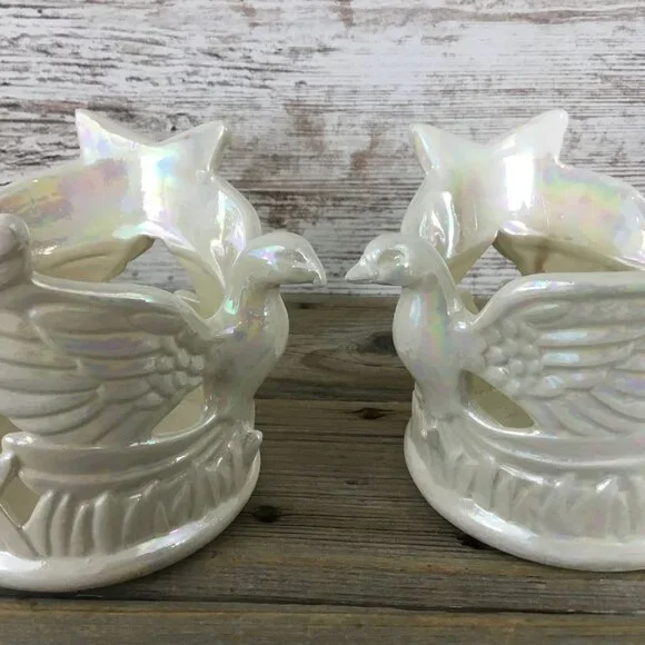 Set of 2 Ceramic Dove Bird & Star Votive Candle Holders Tall Pearl Iridescent - Picture 5 of 13